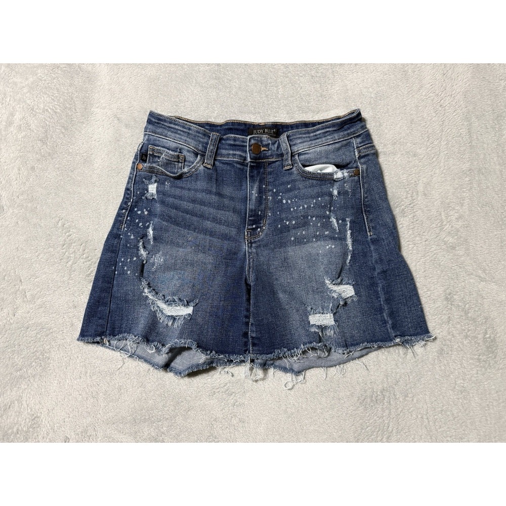 Judy Blue Shorts Womens Size Medium Blue Denim Stretch Fray Hem Paint Splatter